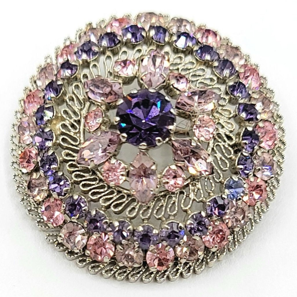 Austria Silvertone Pink Purple Rhinestone Domed Filigree Brooch 104$